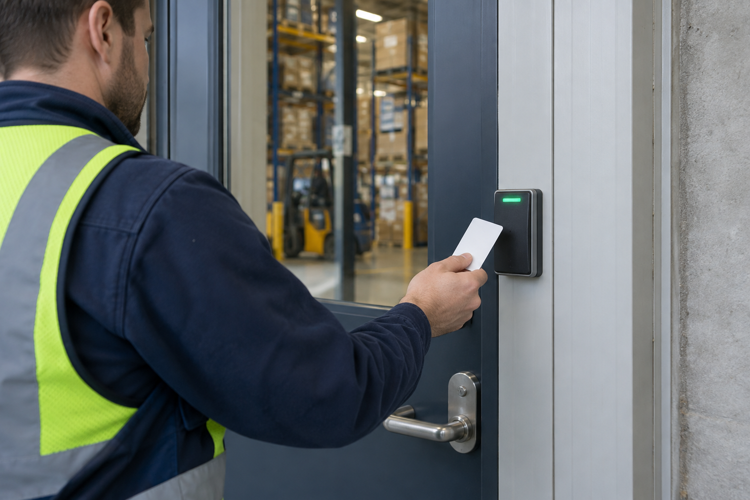 Illustrative photograph of a warehouse employee using an access badge at a staff entrance.